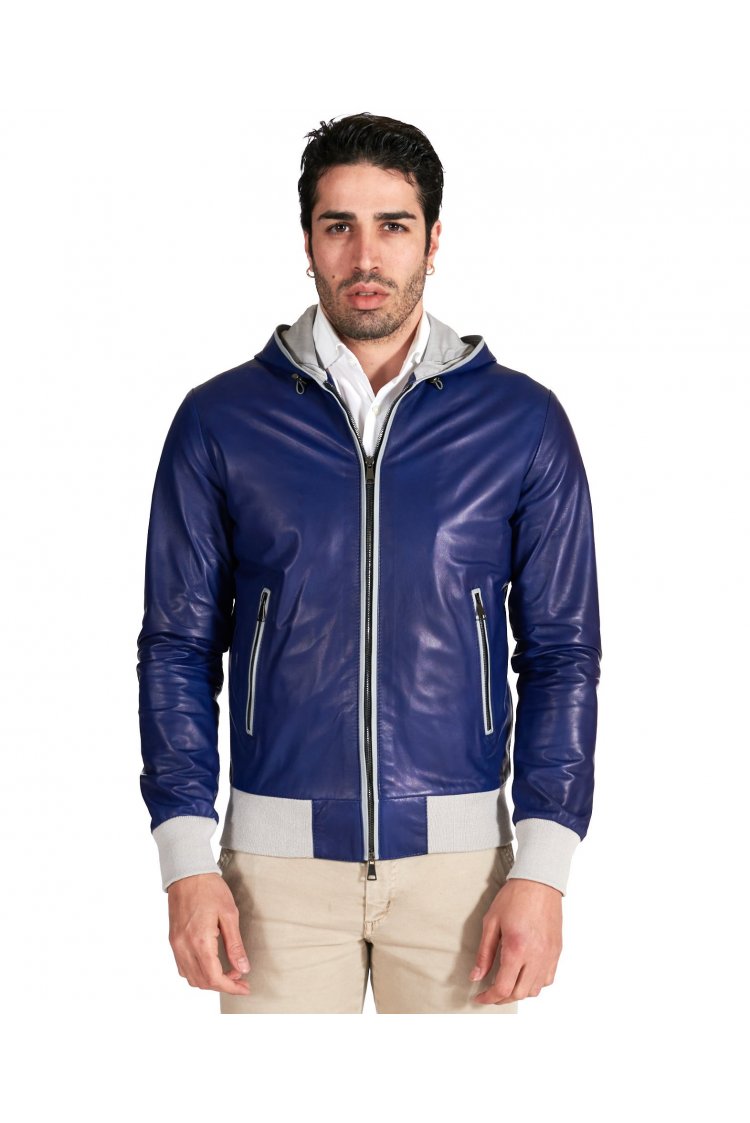 Giacca bomber in pelle blu...