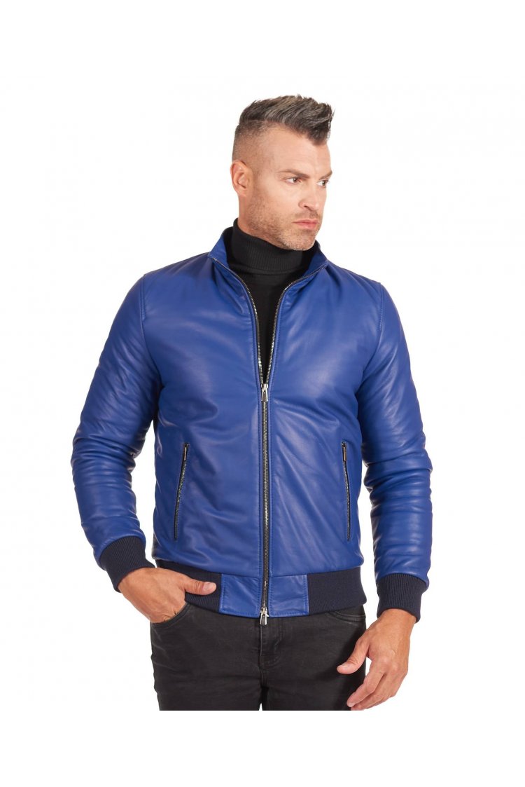 Giubbotto Bomber in pelle bluette naturale effetto liscio