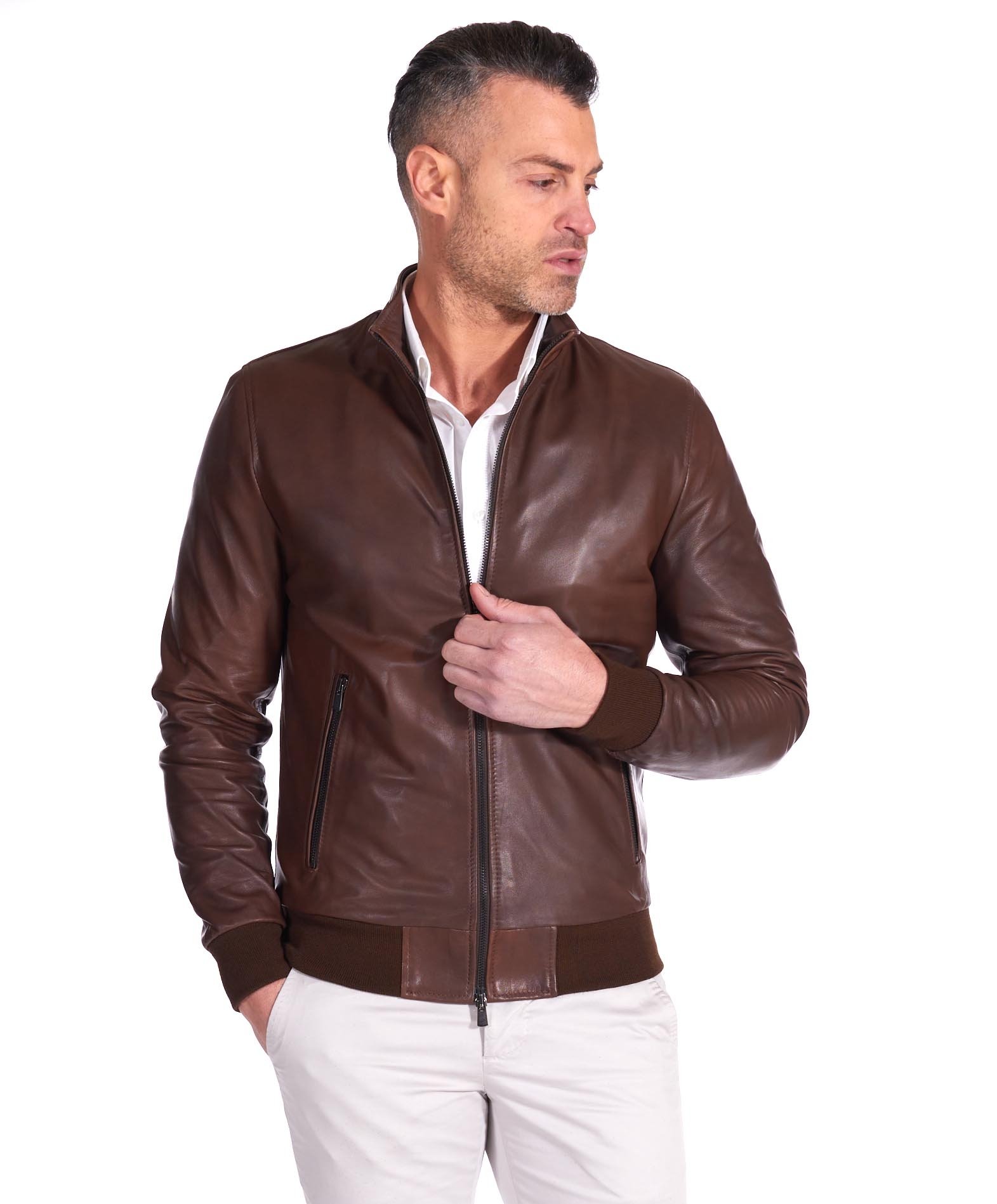 Brown natural leather bomber jacket vintage aspect product