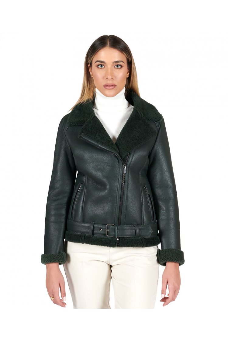 Montone shearling verde con cintura e cerniera trasversale