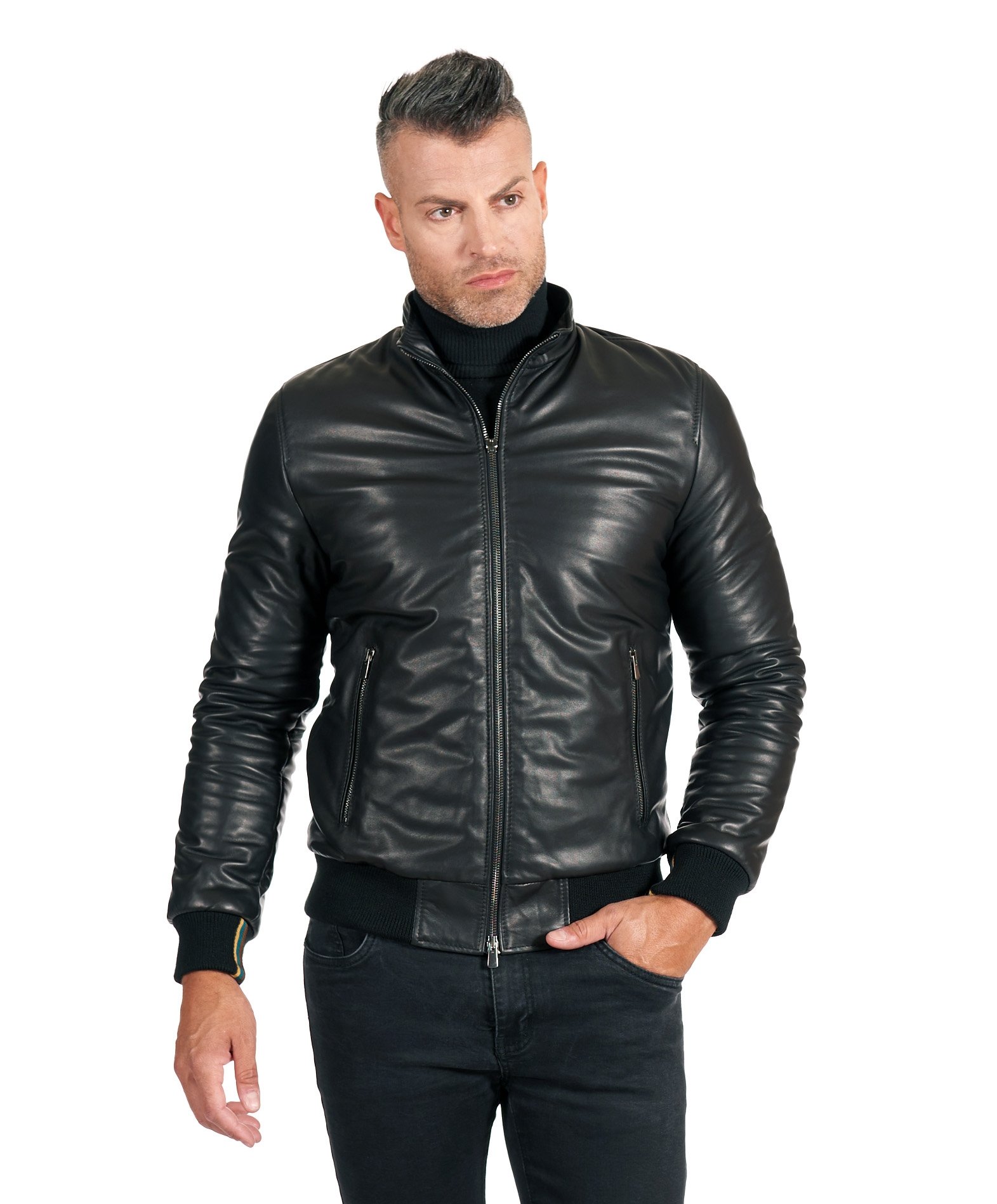 Black natural lamb leather bomber jacket smooth aspect