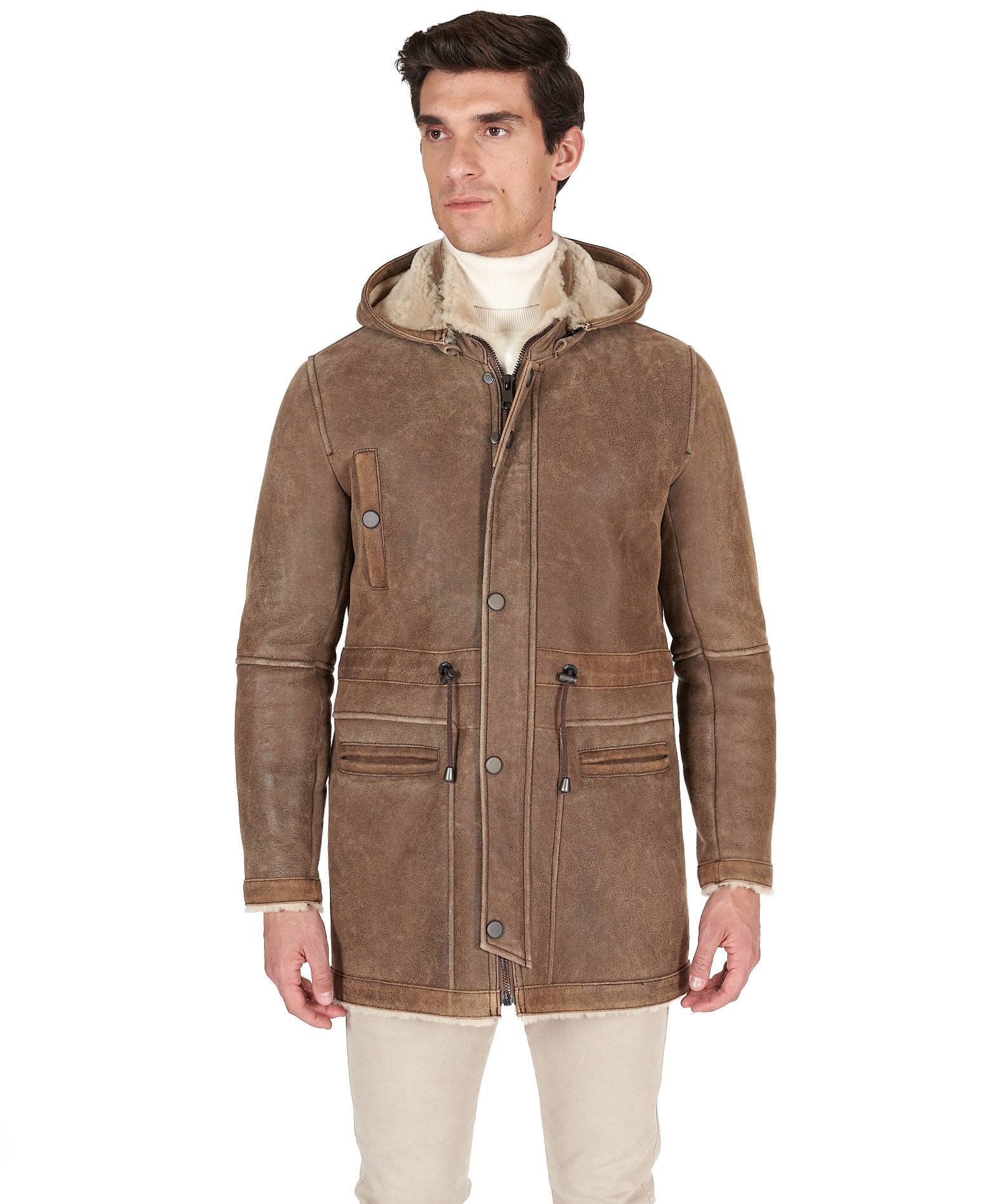 Shearling lamb coat in taupe color with detachable hood product