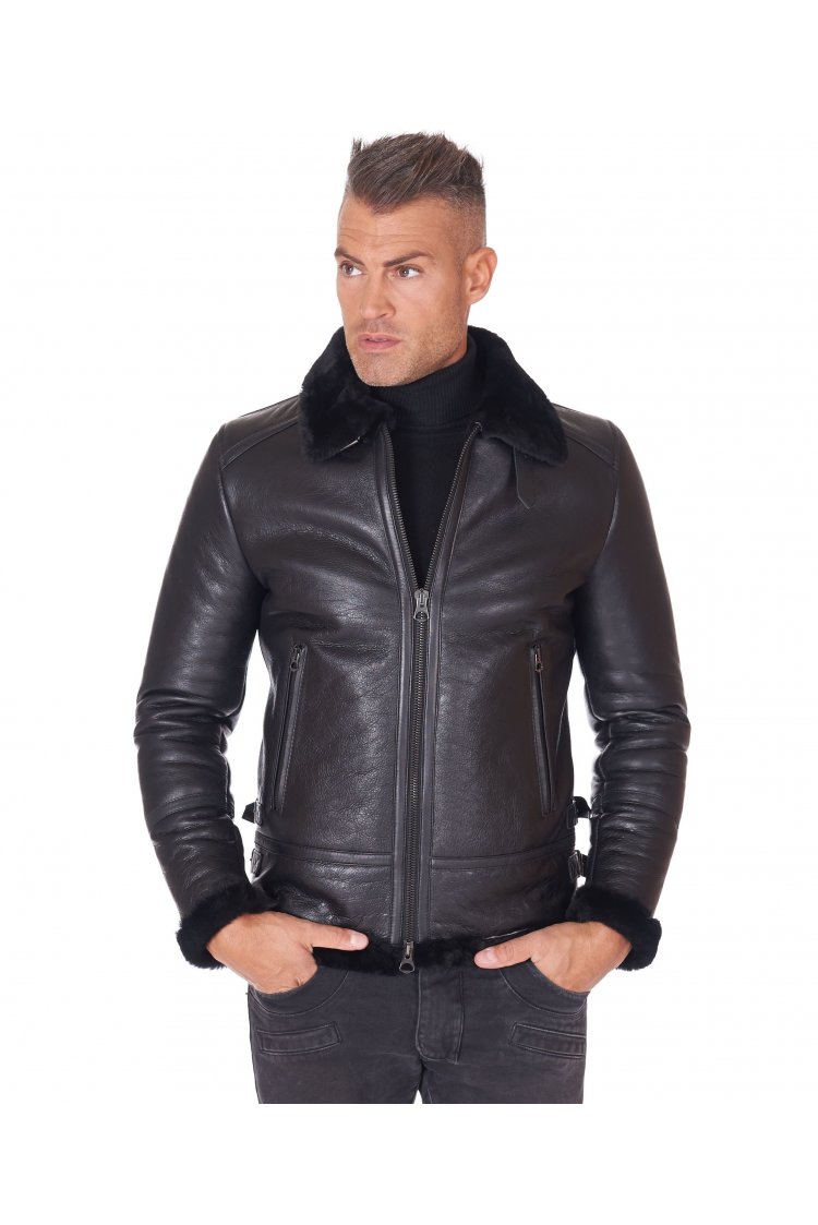 Montone Shearling nero biker uomo collo camicia con fibbia