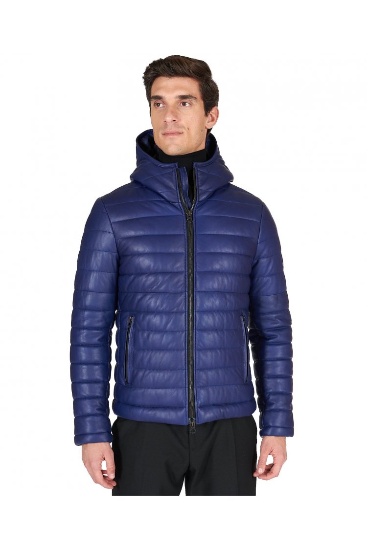 Piumino in pelle naturale bluette con cappuccio