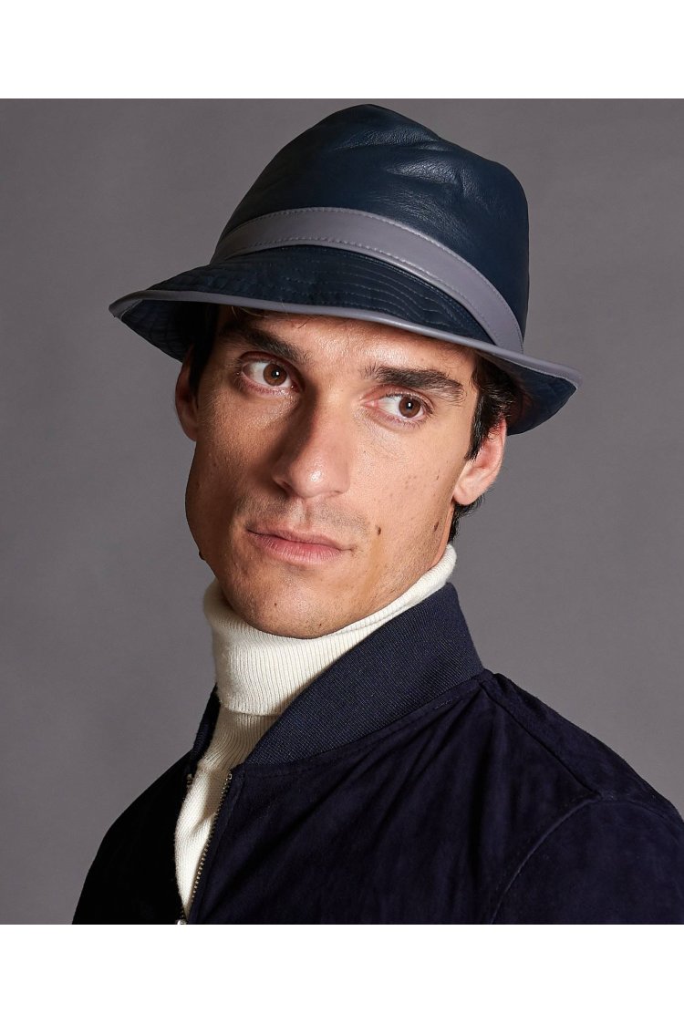 Cappello da uomo in pelle blu stile borsalino