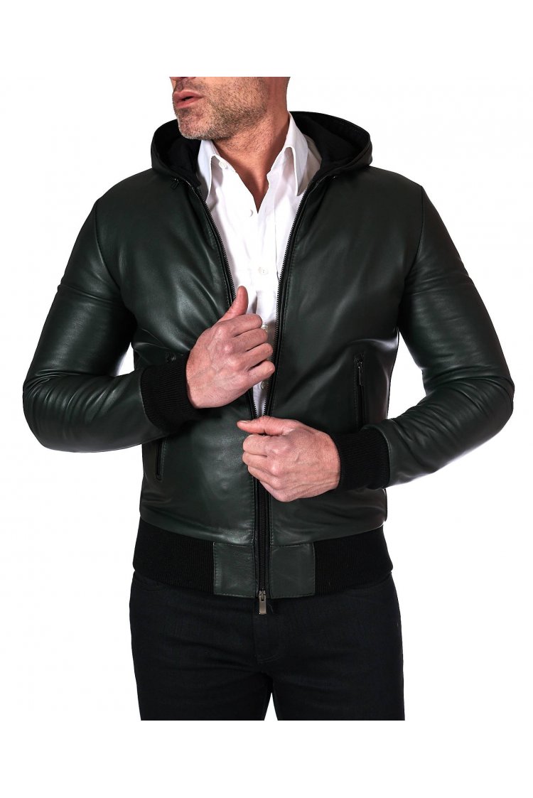 Giubbotto Bomber in pelle naturale verde con cappuccio 