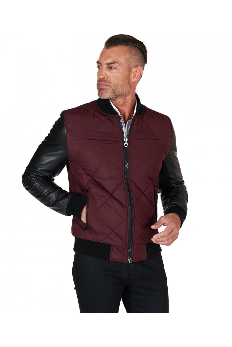 Bomber piumino in pelle nera e tessuto bordeaux