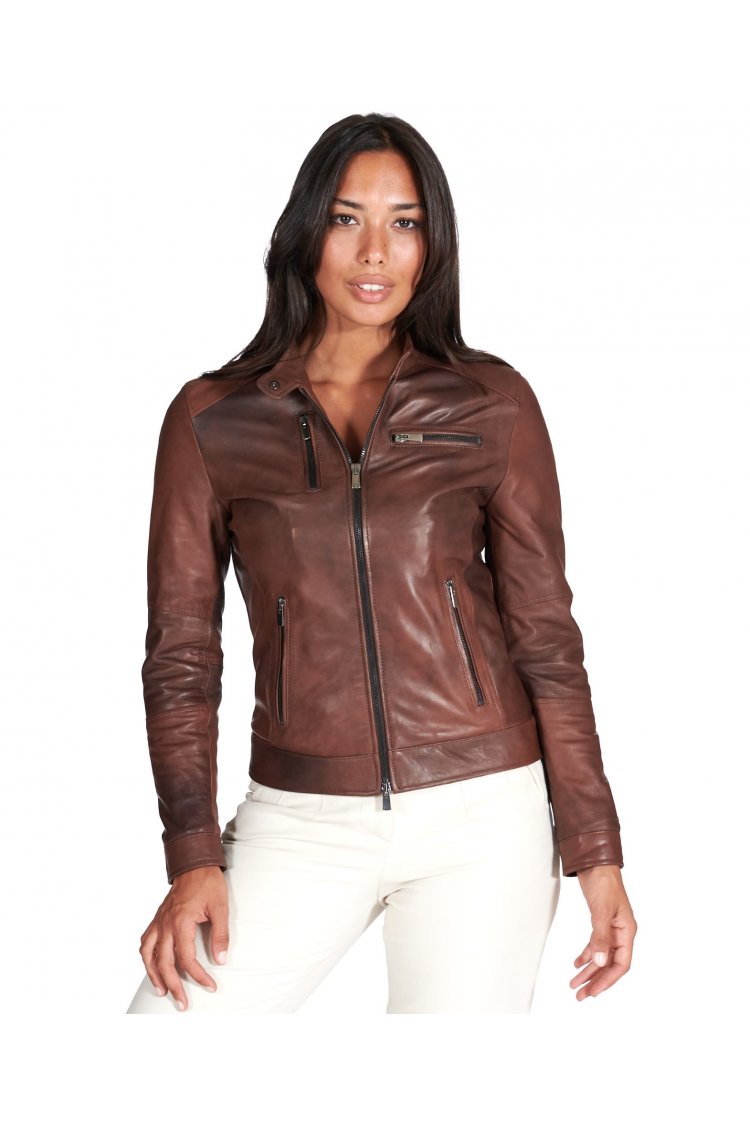 Giacca biker in pelle naturale marrone effetto liscio