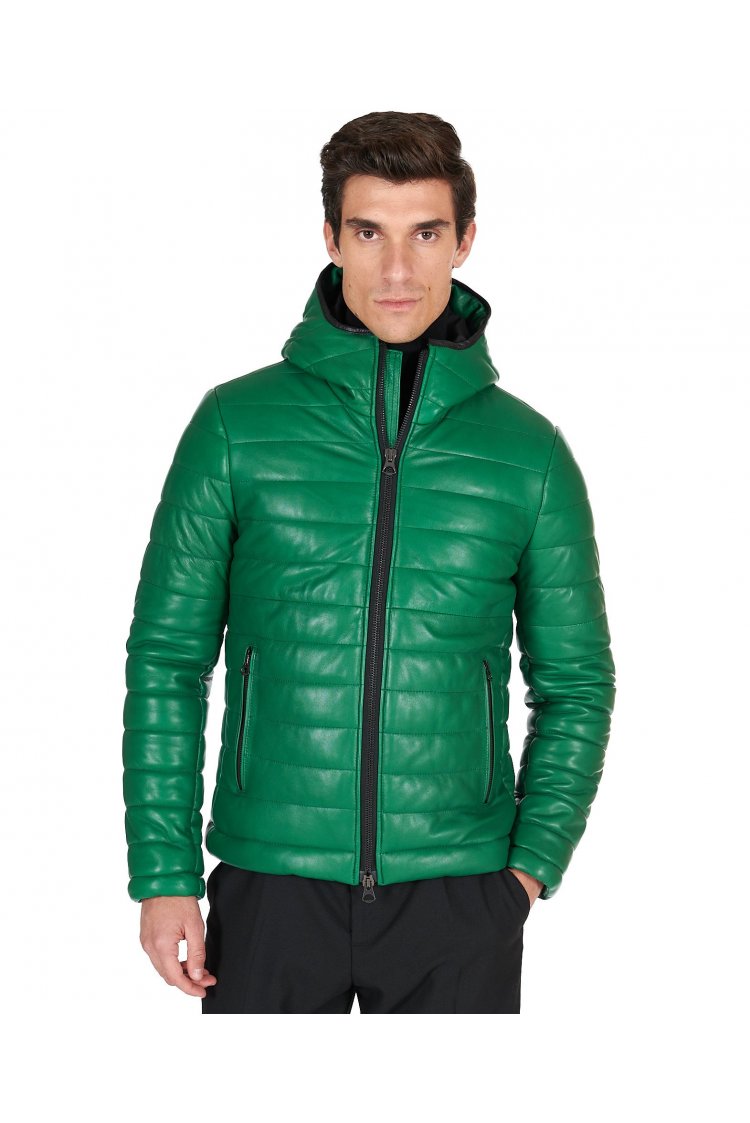 Piumino in pelle verde con cappuccio
