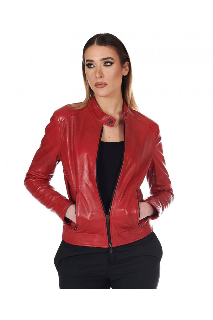 Giacca biker in pelle rossa nappa effetto liscio