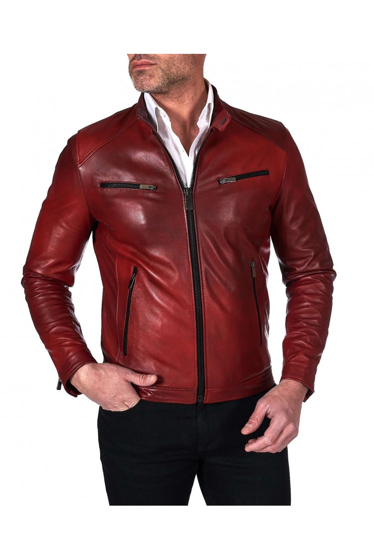 Giacca in pelle naturale colore rosso nuvolato quattro tasche
