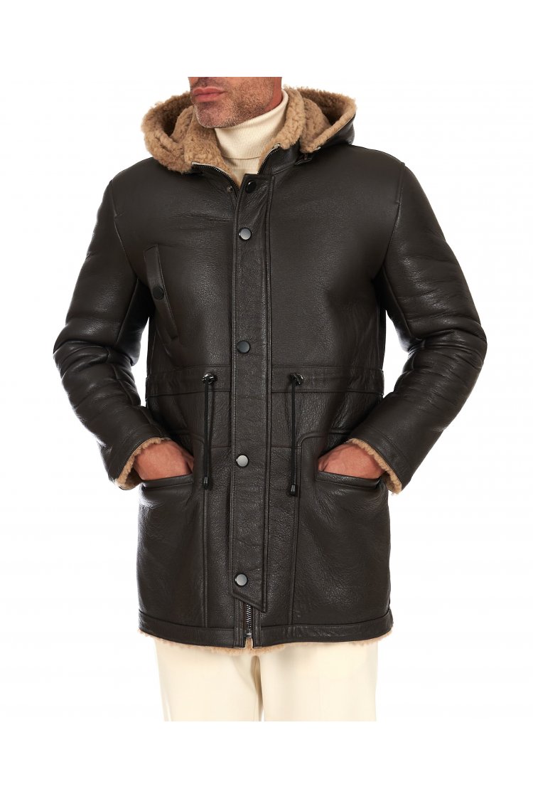 Cappotto montone shearling testa di moro con cappuccio staccabile