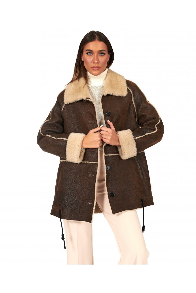 Cappotto montone shearling marrone con bottoni effetto vintage