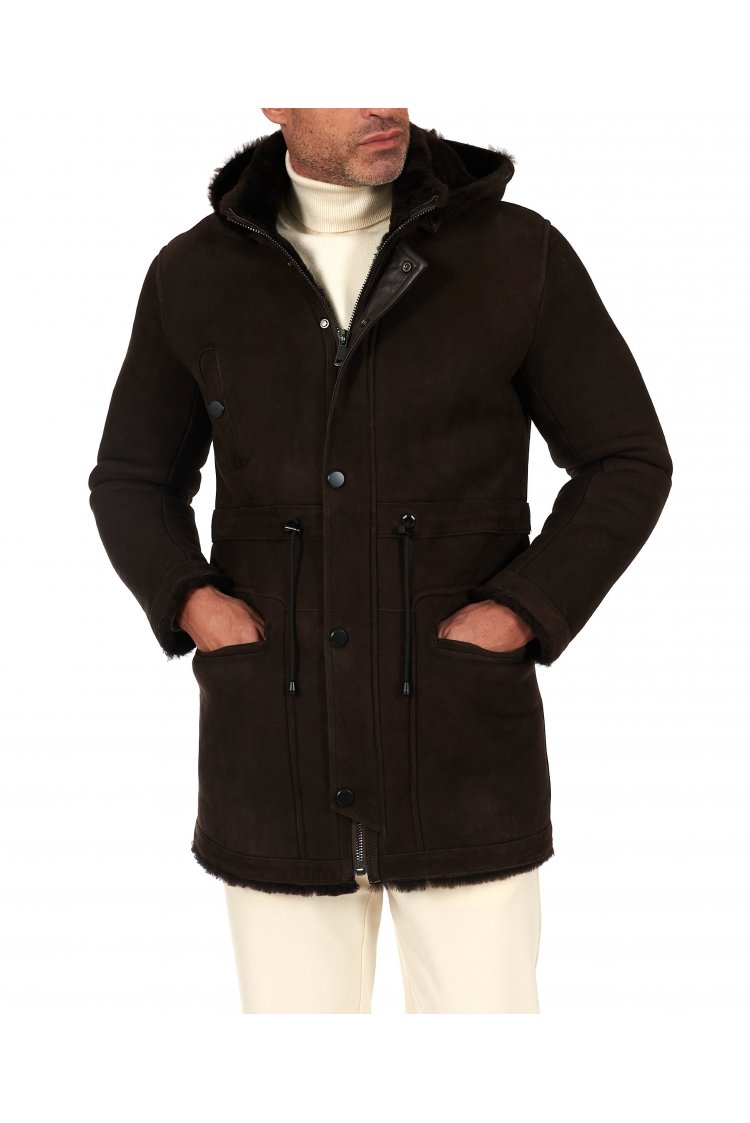 Cappotto montone shearling testa di moro con cappuccio staccabile