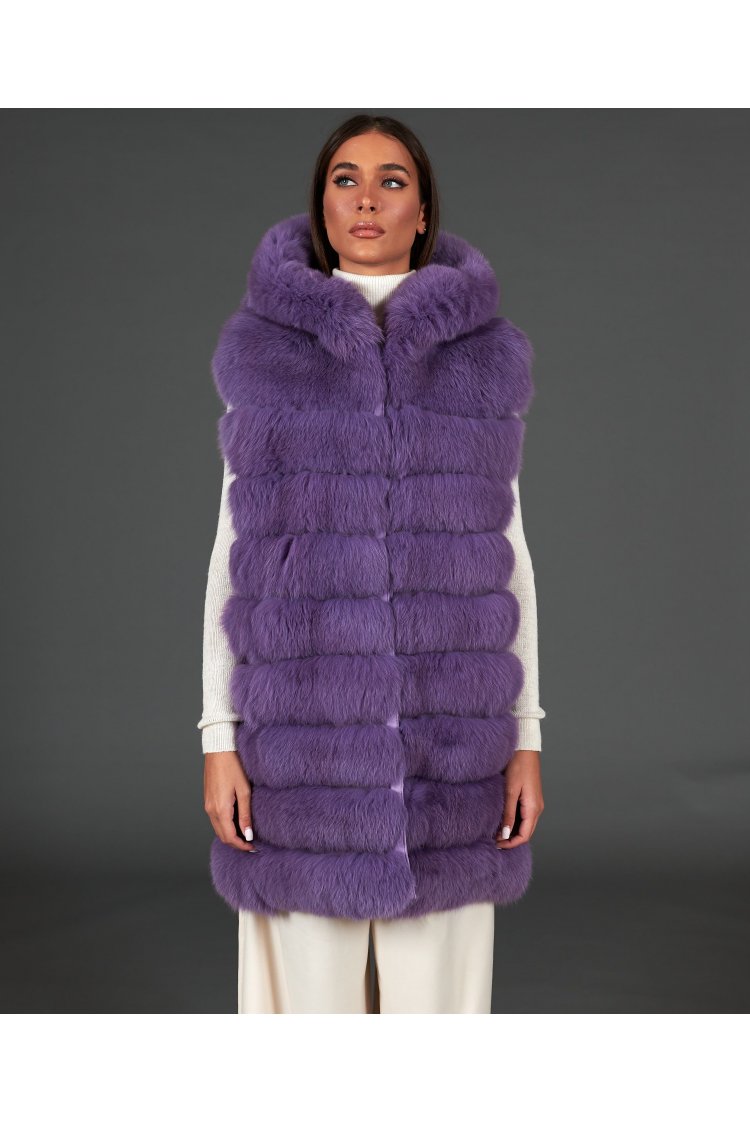 Smanicato in pelliccia di volpe con cappuccio • colore viola