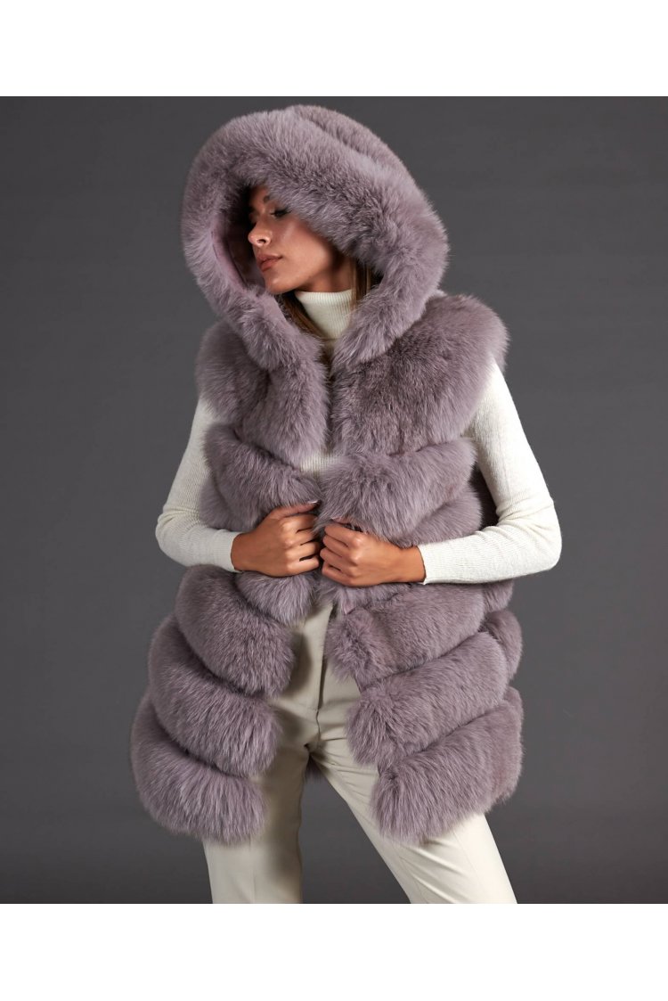 Smanicato in pelliccia di volpe con cappuccio • colore grigio
