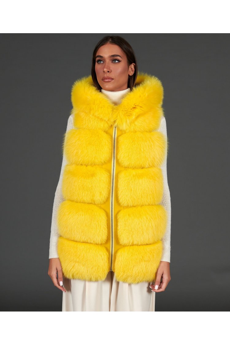 Smanicato in pelliccia di volpe con cappuccio • colore giallo