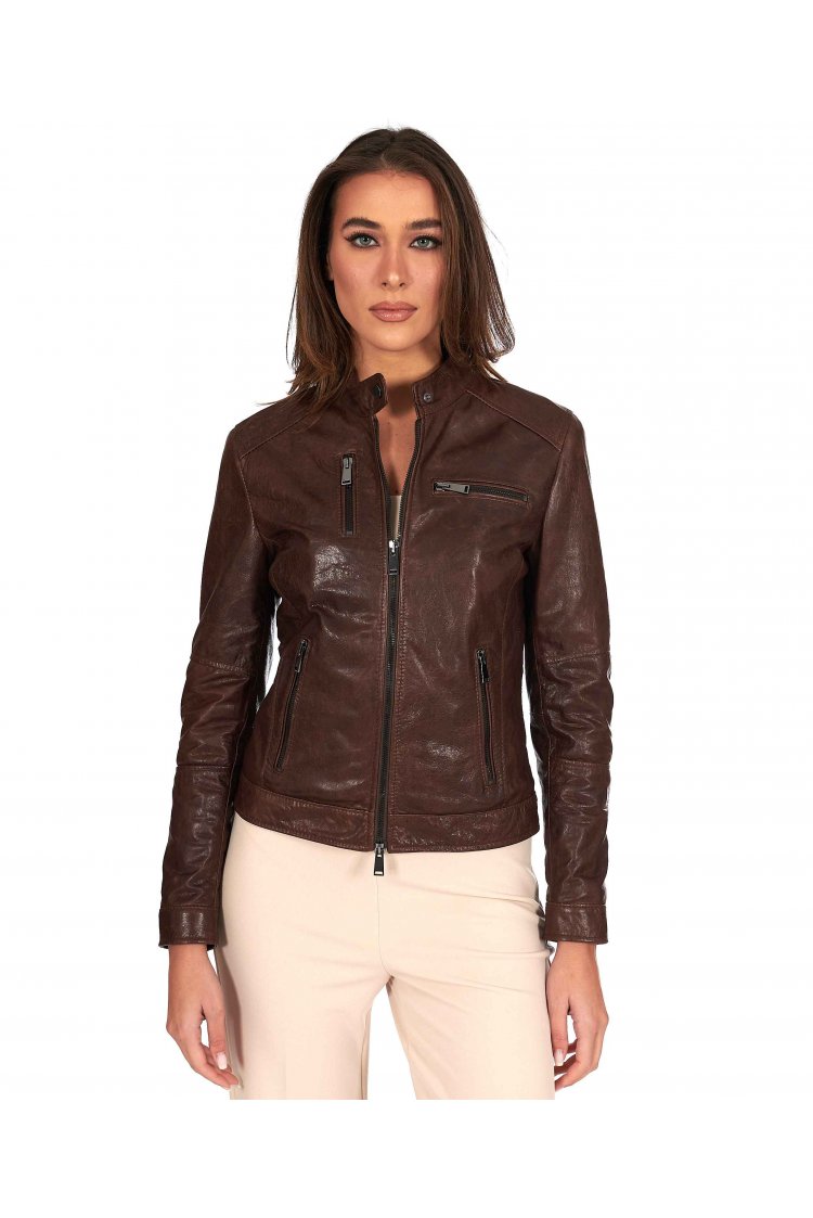 Giacca biker in pelle testa di moro effetto vintage