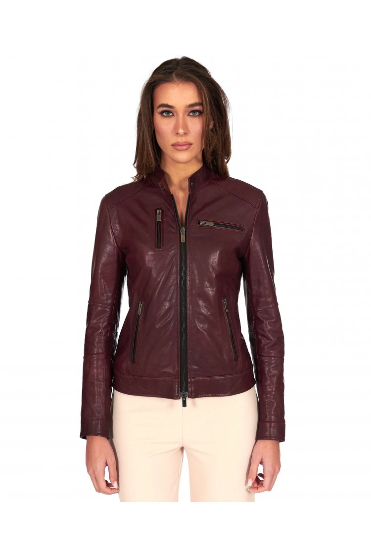 Giacca biker in pelle vegetale colore vinaccio effetto vintage