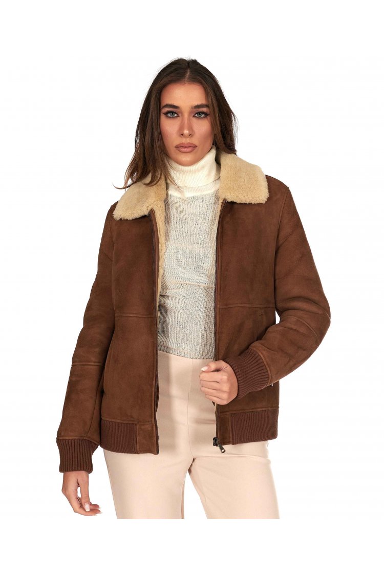 Bomber in montone scamosciato color cuoio colletto a contrasto