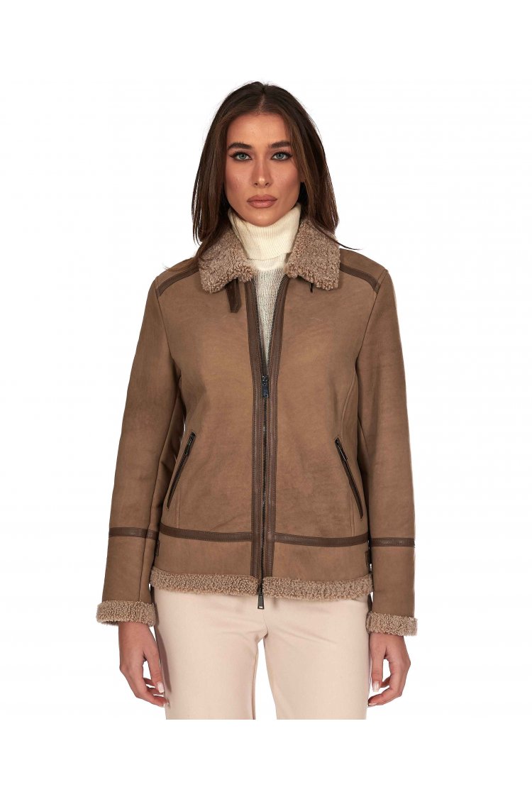 Montone shearling fango con fibbie e cerniera centrale