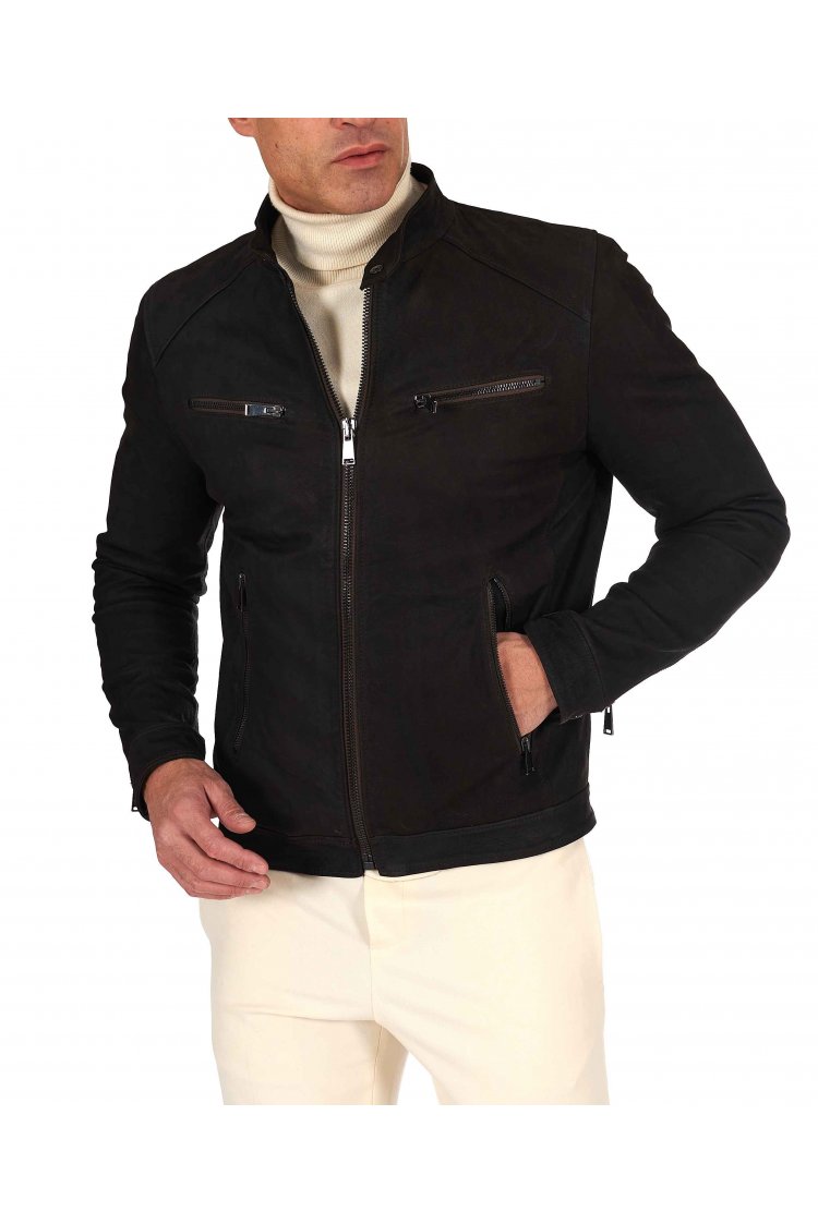 Giacca in pelle nubuck testa di moro effetto raggrinzito