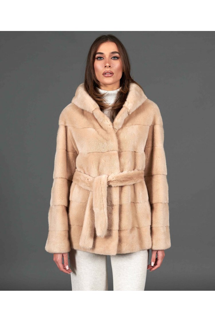 Giacca in pelliccia di visone con cappuccio e cintura • colore beige