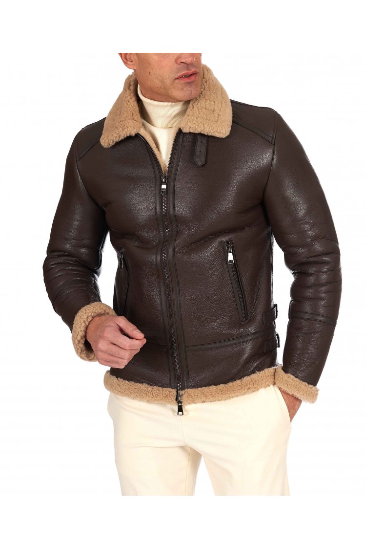 Montone Shearling marrone biker uomo collo camicia con fibbia