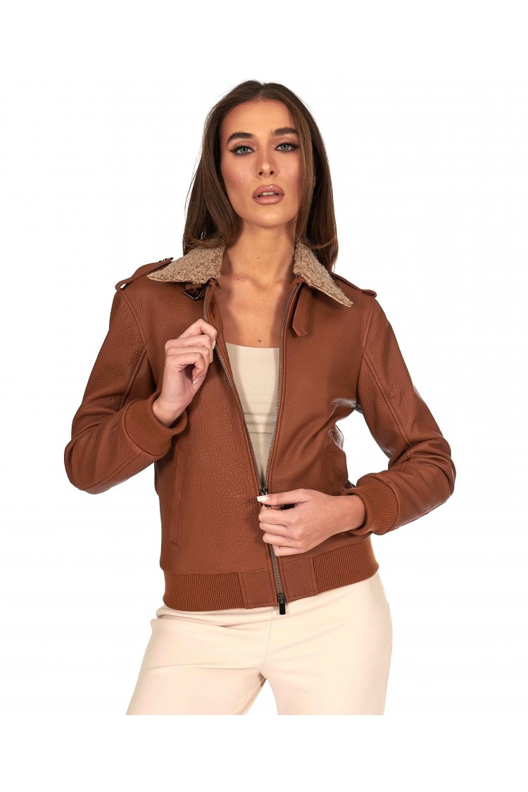 Bomber aviator in pelle raggrinziata color cuoio 