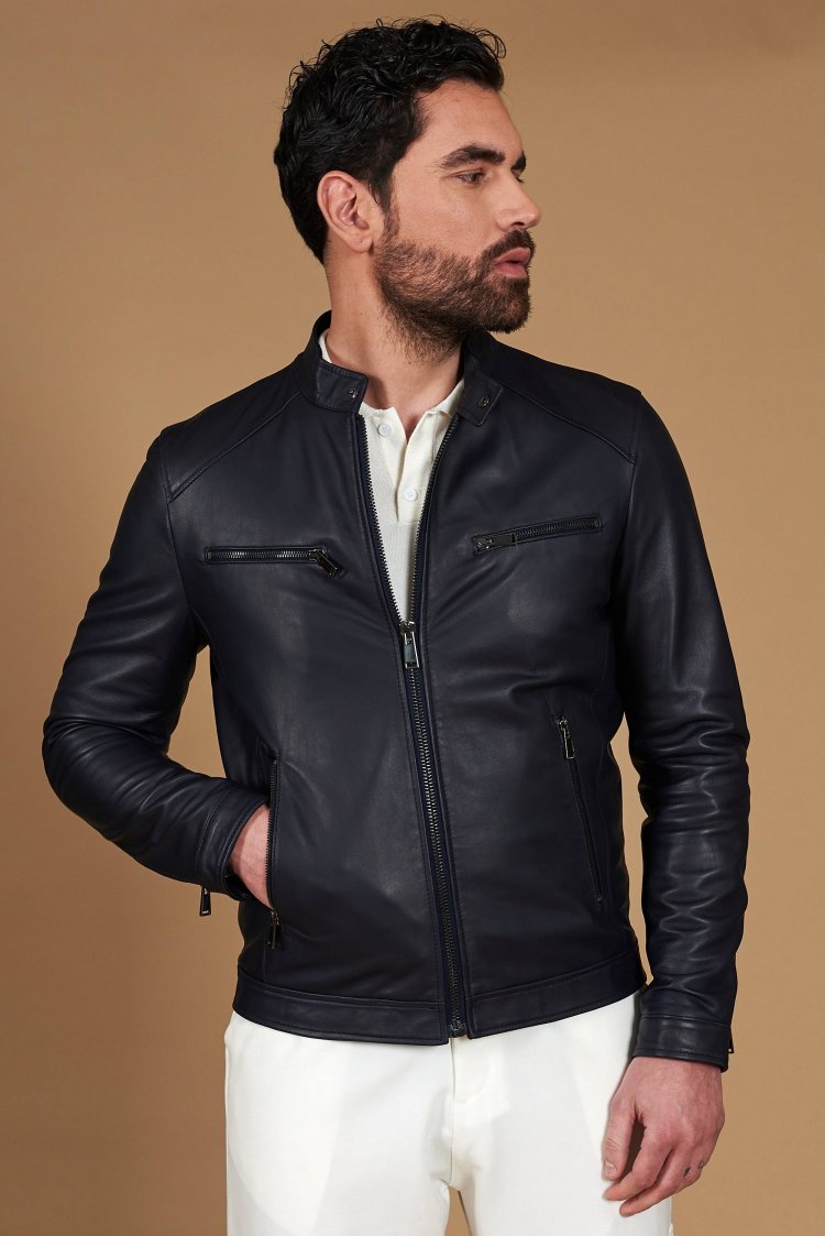 Giacca in pelle nappa blu...