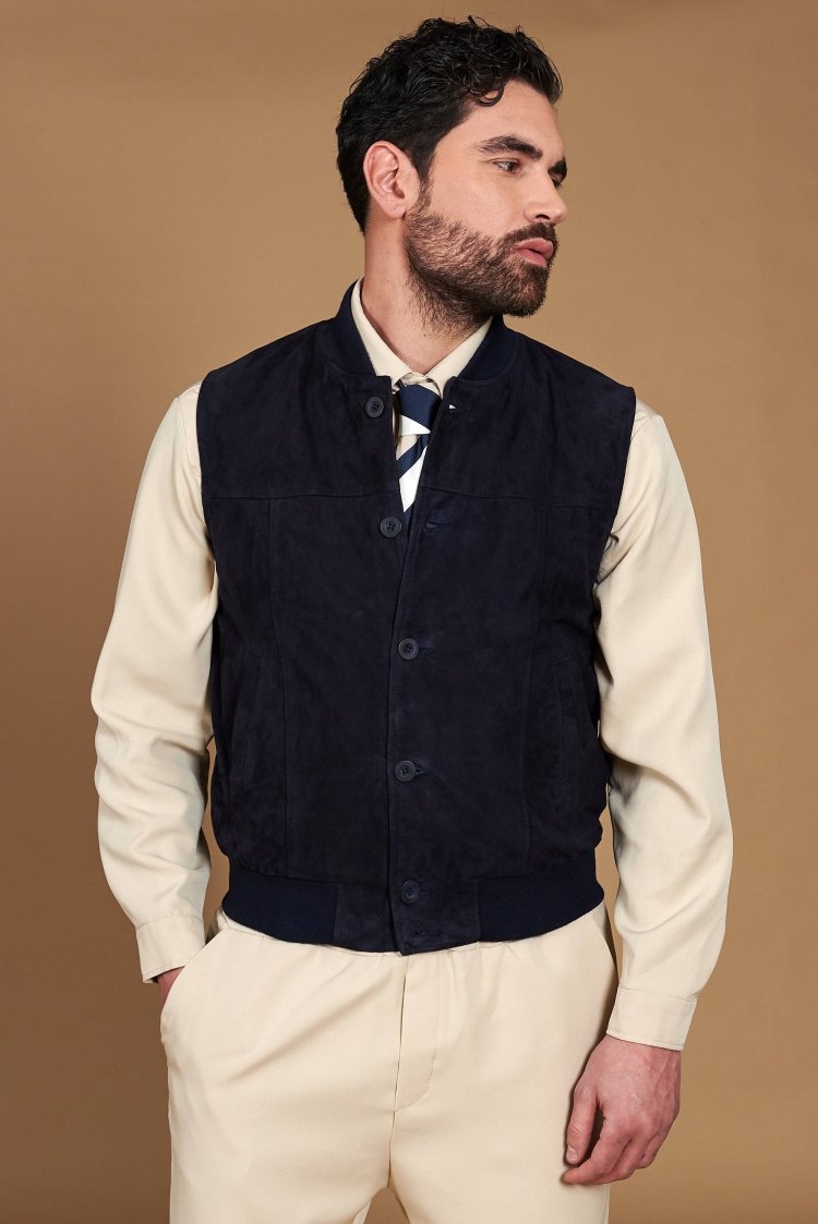 Gilet in pelle camoscio blu...