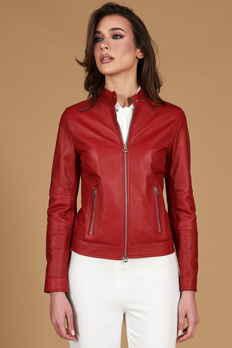 Giacca biker in pelle rossa...