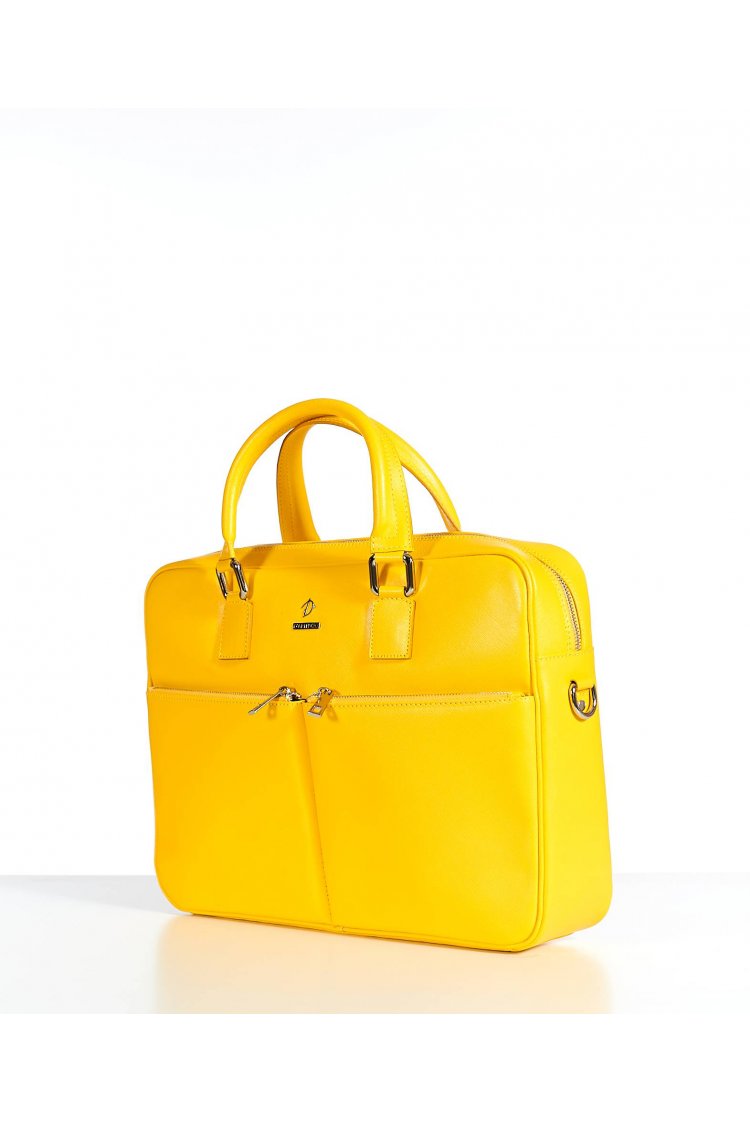 Borsa Ventiquattrore in pelle di vitello gialla saffiano con doppia tasca