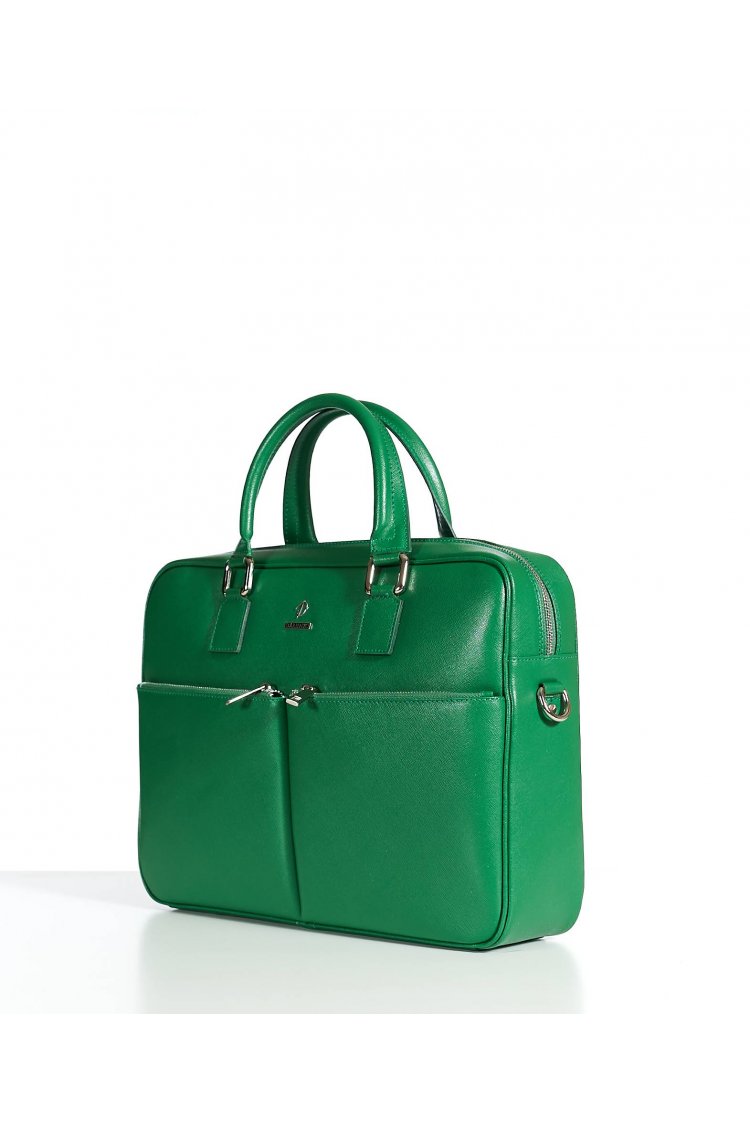 Borsa Ventiquattrore in pelle di vitello verde chiaro saffiano con doppia tasca