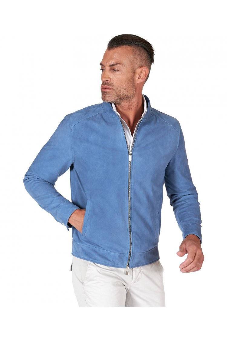 Giacca in pelle scamosciata blu denim con cerniera