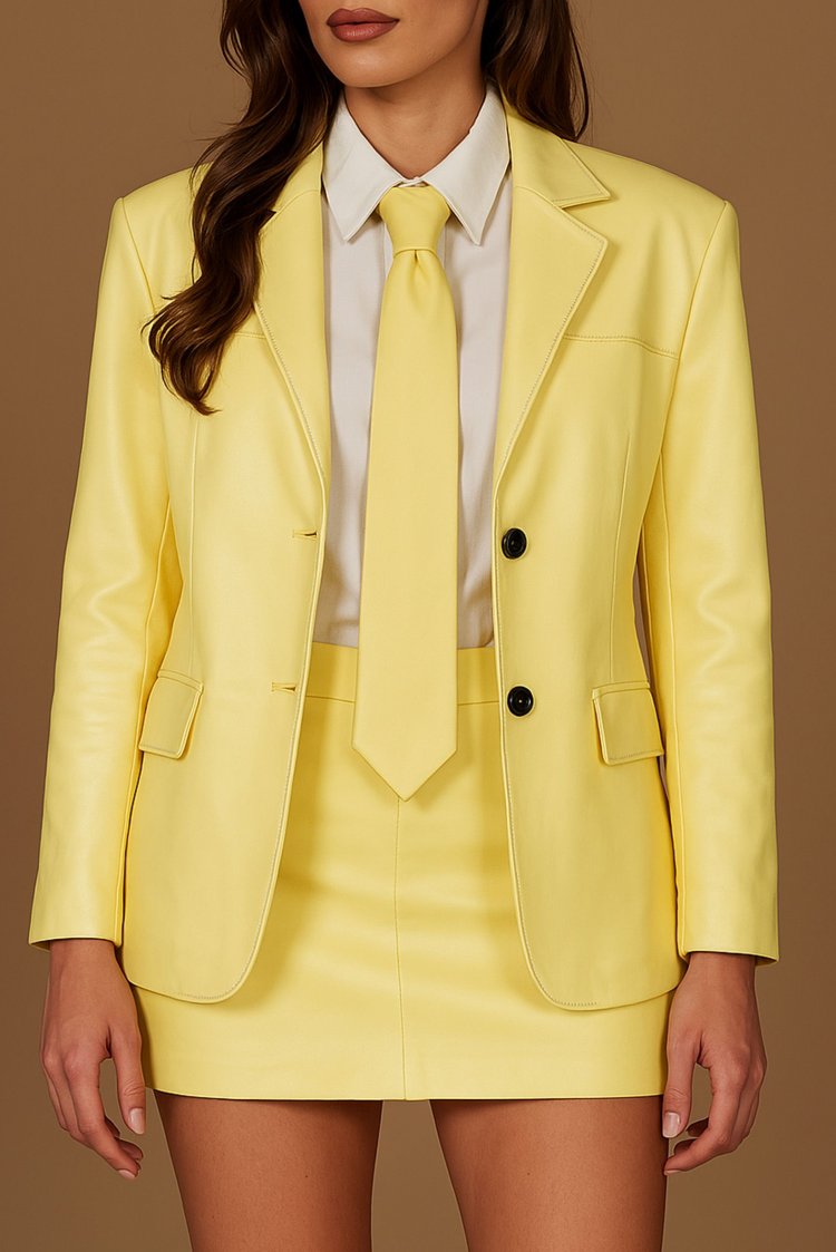 Cravatta Slim Vera Pelle Giallo Pastello Effetto Liscio
