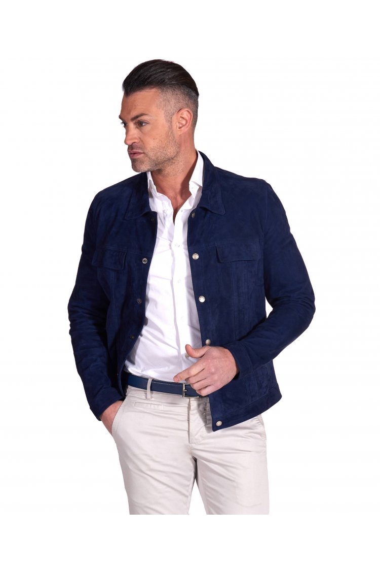 Giacca in pelle camoscio blu bottoni a pressione collo camicia