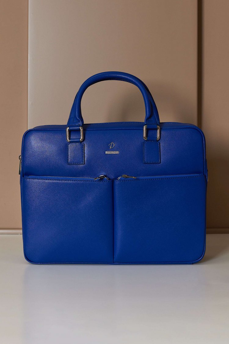 Borsa Ventiquattrore in pelle di vitello bluette saffiano con doppia tasca