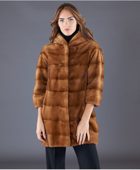 Cappotto in pelliccia di visone con cappuccio • colore miele