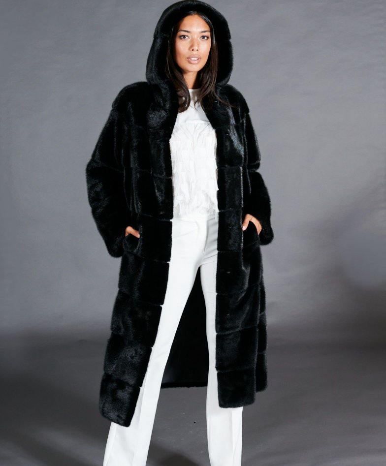 Cappotto in pelliccia di visone con cappuccio • colore nero
