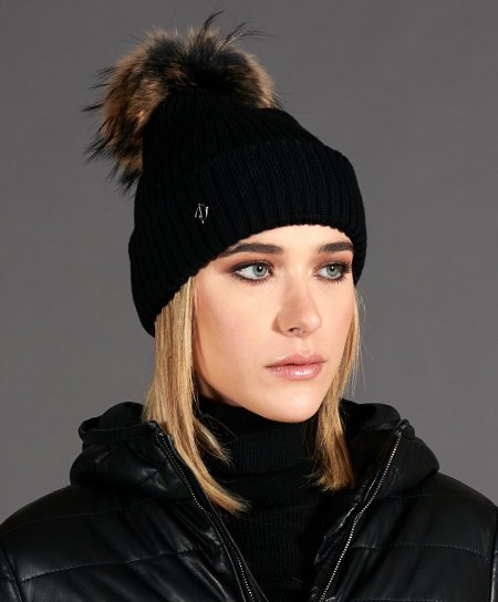 Cappello in lana nera con pompon in pelliccia nero marrone