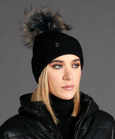 Cappello in lana nera con pompon in pelliccia multicolor