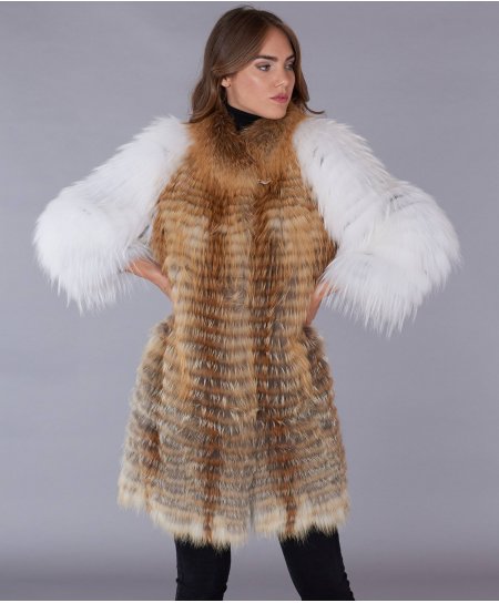 Cappottino in pelliccia di volpe filettata collo anello • colore naturale bianco
