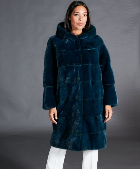 Cappotto in pelliccia di visone con cappuccio • colore petrolio