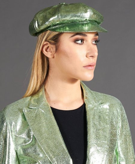 Cappello da donna in pelle laminata verde chiaro berretto francese