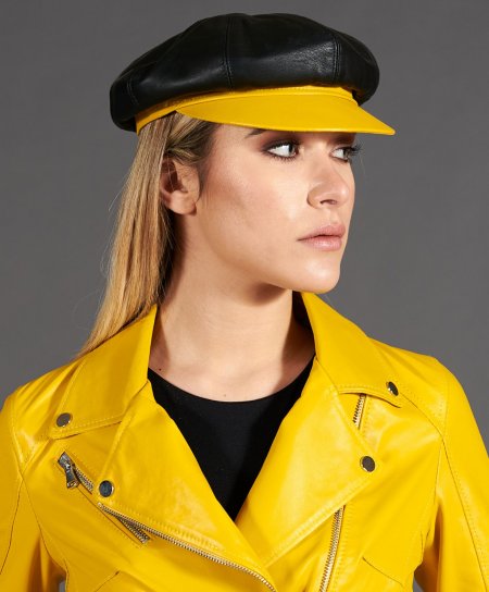 Cappello da donna in pelle nera gialla stile berretto francese