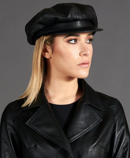 Cappello da donna in pelle nera stile berretto francese
