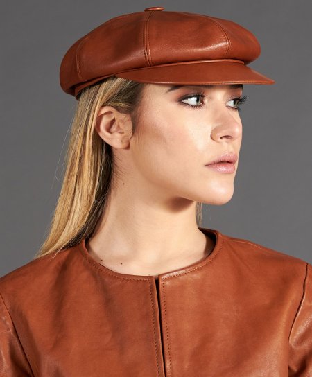 Cappello da donna in pelle tabacco stile berretto francese