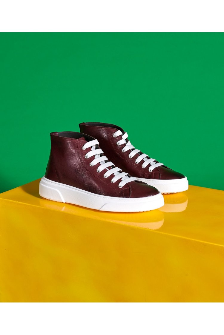 Sneakers alta in pelle bordeaux da uomo