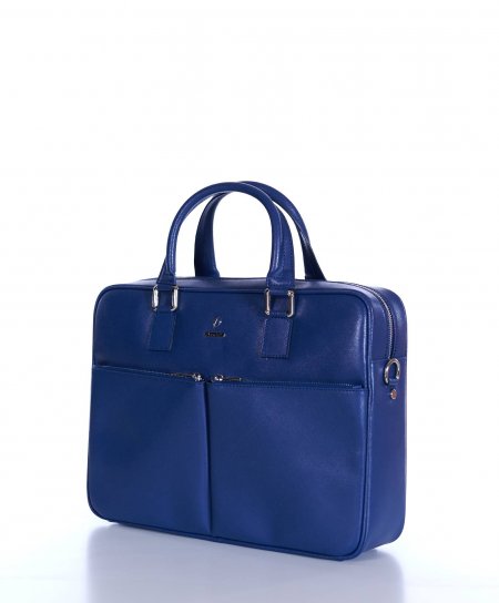 Borsa Ventiquattrore in pelle di vitello blu saffiano con doppia tasca